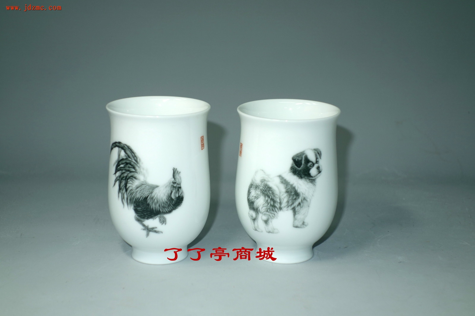 《鸡--犬》茶杯，汪则东（高级工艺美术师，陶瓷内画家.）工作室作品