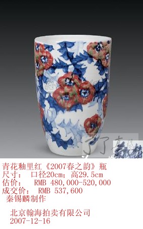 秦锡麟青花釉里红《2007春之韵》瓶拍卖成交价格：RMB 537,600-了了亭 